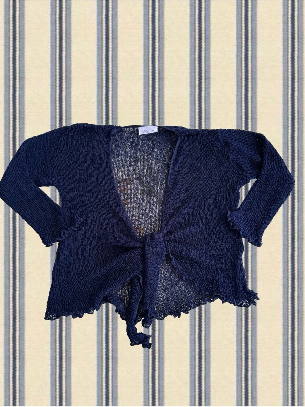 Astr Navy Tie-Front Open Knit Cardigan